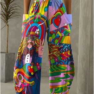 Hippie Music Print Casual Pocket Pants Size Small